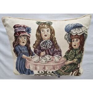 VTG Doll Tea Party Tapestry Pillow Cottage Granny Dakotah Victorian Porcelain